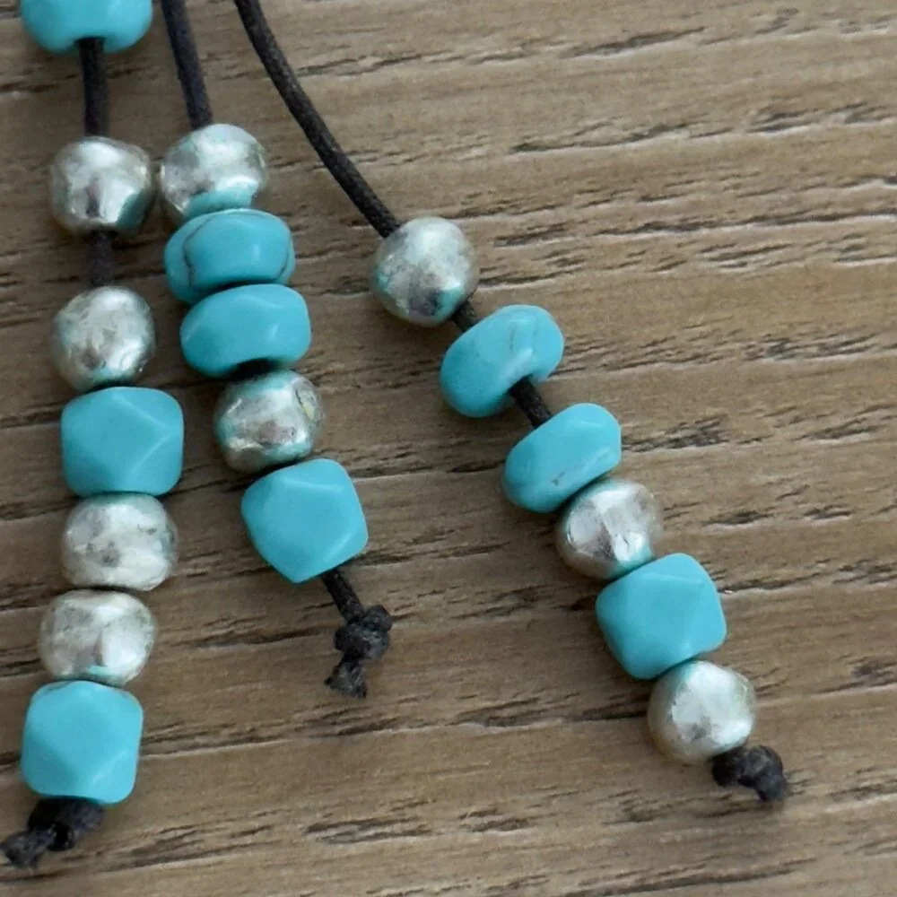 Handmade Black Cord Necklace Silver Tone Turquoise Color Beads Hook Clasp NOTE